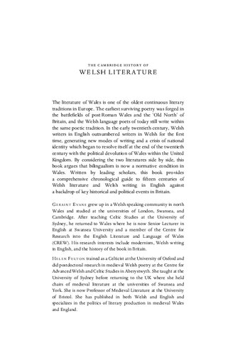 The Cambridge History Of Welsh Literature Geraint Evans Helen Fulton