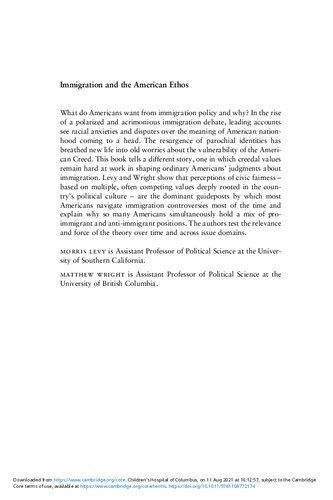 Immigration And The American Ethos Morris Levy Matthew Wright