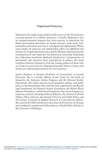 Fragmented Democracy Medicaid Federalism And Unequal Politics Jamila Michener