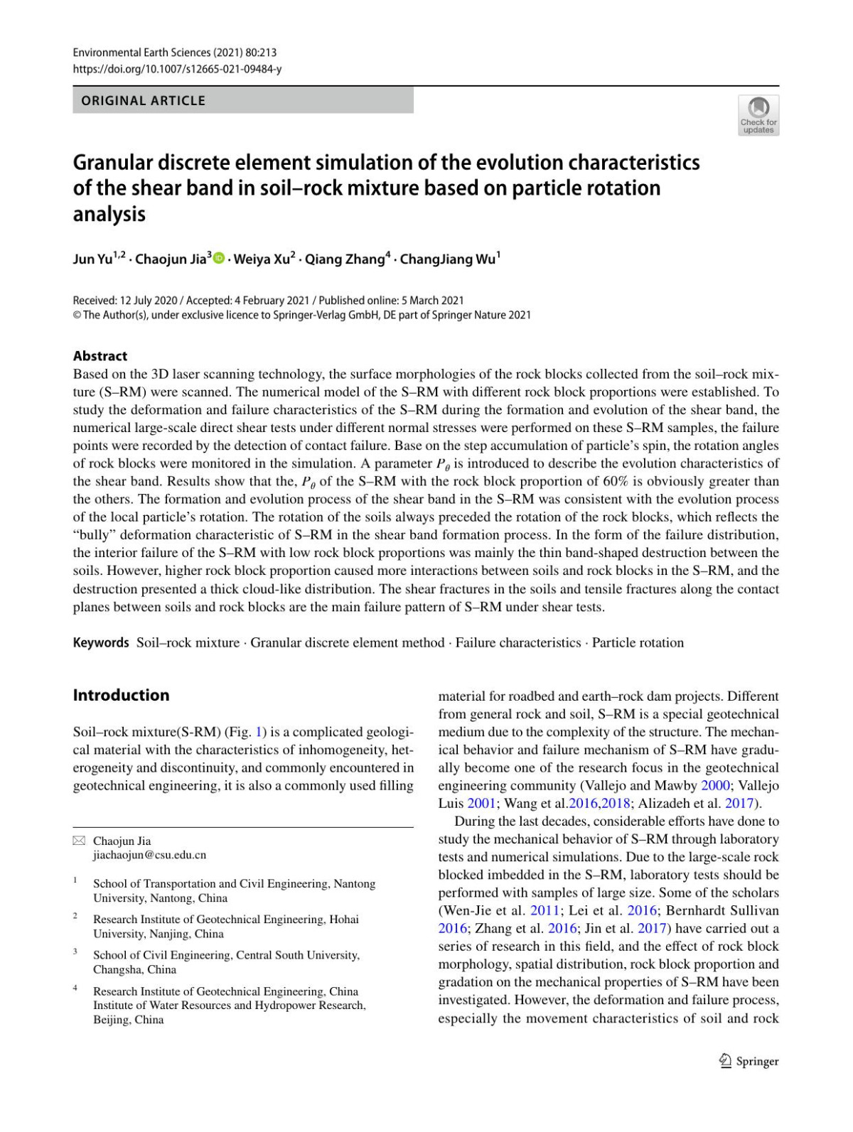 Granular Discrete Element Simulation Of The Evolution Characteristics Of The Shear Band In Soilrock Mixture Based On Particle Rotation Analysis Jun Yu Chaojun Jia Weiya Xu Qiang Zhang Changjiang Wu