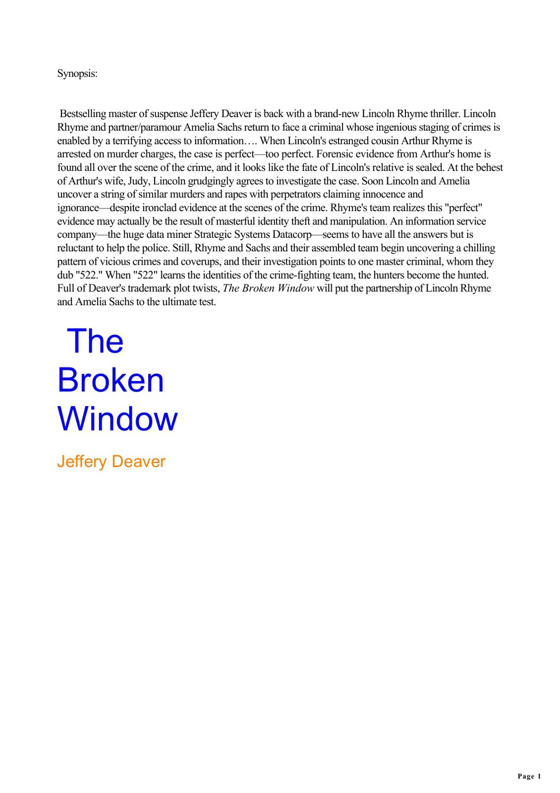 The Broken Window Deaver Jeffery