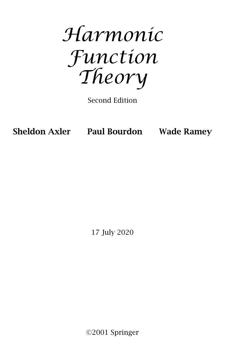 Harmonic Function Theory 2nd Edition Sheldon Axler Paul Bourdon Wade Ramey