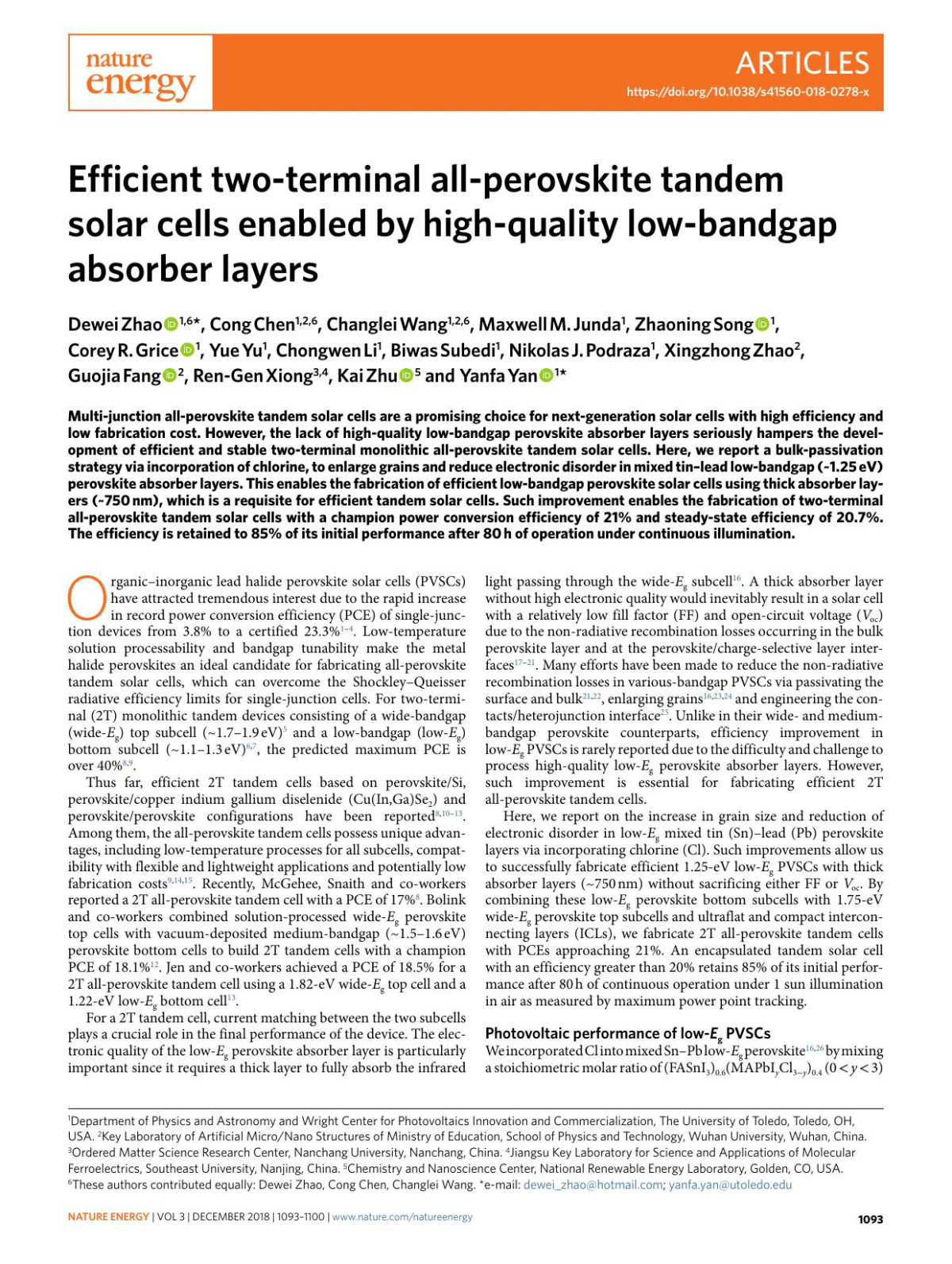Efficient Twoterminal Allperovskite Tandem Solar Cells Enabled By Highquality Lowbandgap Absorber Layers Dewei Zhao Cong Chen Changlei Wang Maxwell M Junda Zhaoning Song Corey R Grice Yue Yu Chongwen Li Biwas Subedi Nikolas J Podraza Xingzhong Zhao Guojia Fang Rengen Xiong Kai Zhu Yanfa Yan