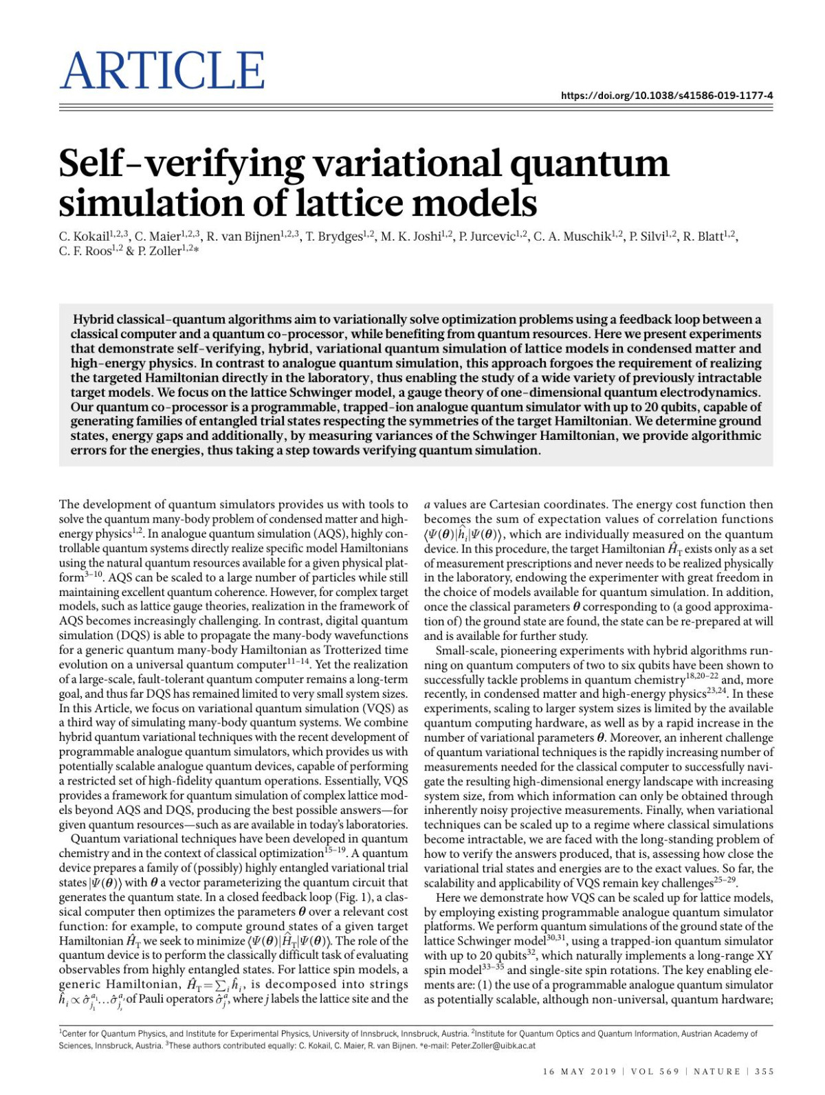 Selfverifying Variational Quantum Simulation Of Lattice Models C Kokail C Maier R Van Bijnen T Brydges M K Joshi P Jurcevic C A Muschik P Silvi R Blatt C F Roos P Zoller