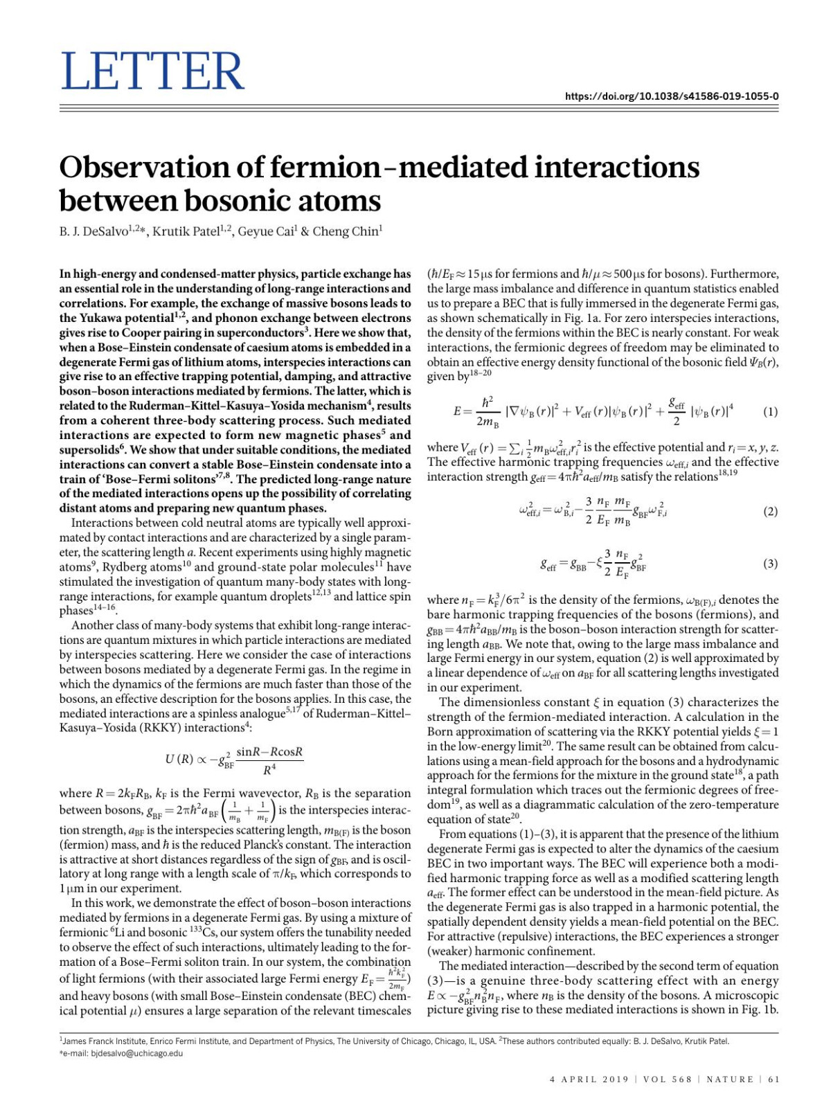 Observation Of Fermionmediated Interactions Between Bosonic Atoms B J Desalvo Krutik Patel Geyue Cai Cheng Chin