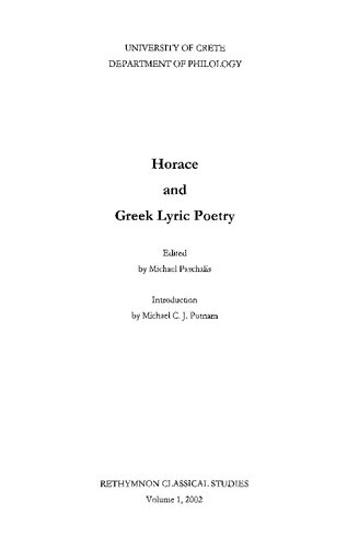 Horace And Greek Lyric Poetry Michael Paschalis