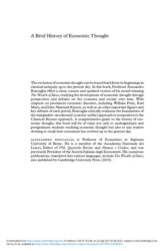 A Brief History Of Economic Thought Alessandro Roncaglia