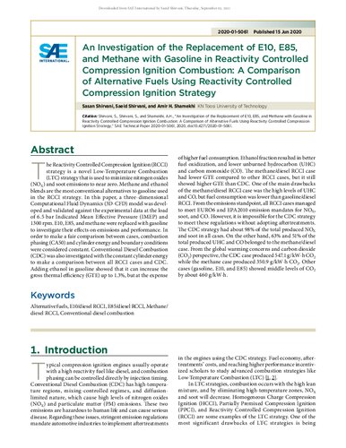 An Investigation Of The Replacement Of E10 E85 And Methane With Gasoline In Reactivity Controlled Compression Ignition Combustion A Comparison Of Alternative Fuels Using Reactivity Controlled Compression Ignition Strategy Sasan Shirvani