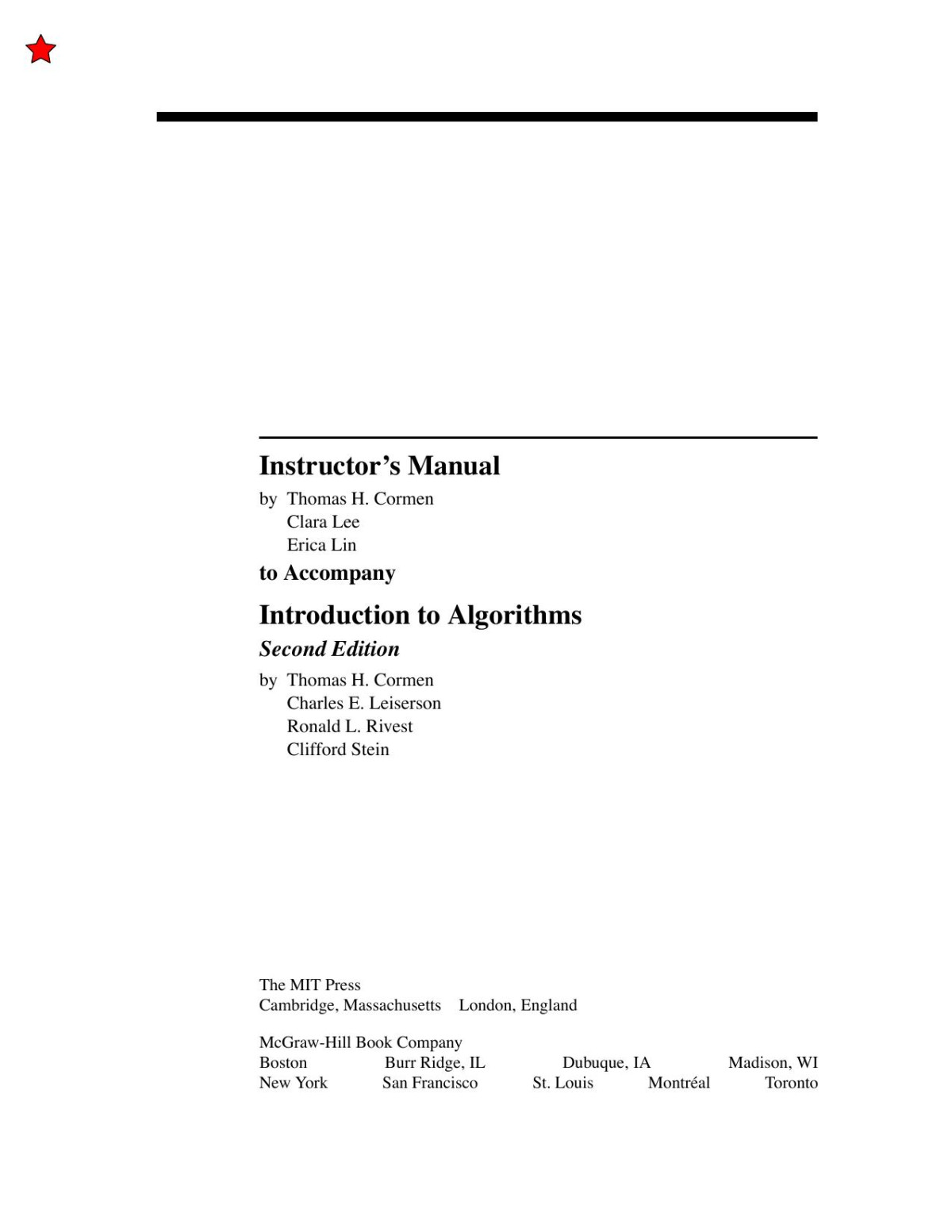 Instructors Manual To Accompany Introduction To Algorithms Second Edition Thomas H Cormen