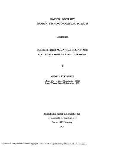 Dissertation Uncovering Grammatical Competence In Children With Williams Syndrome Andrea Zukowski