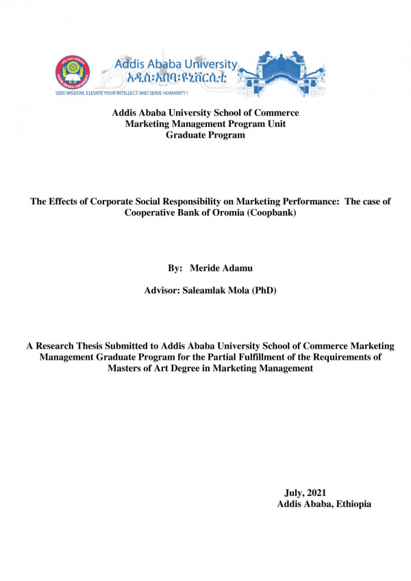 The Effect Of Csr On Marketing Perfomance Of Coopbank 1st Merid Tullu