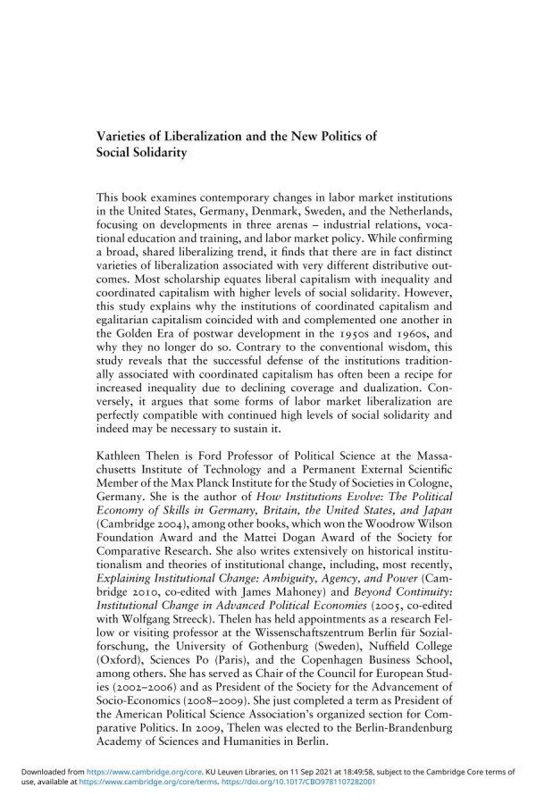 Varieties Of Liberalization And The New Politics Of Social Solidarity Kathleen Thelen