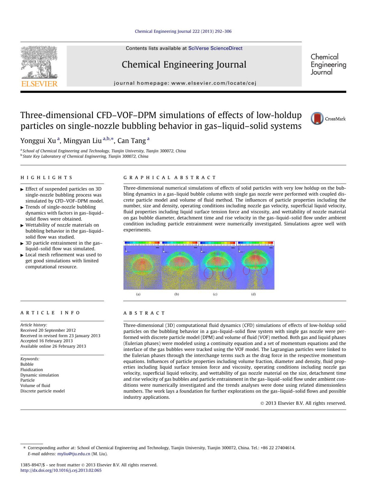 Threedimensional Cfdvofdpm Simulations Of Effects Of Lowholdup Particles On Singlenozzle Bubbling Behavior In Gasliquidsolid Systems Yonggui Xu Mingyan Liu Can Tang