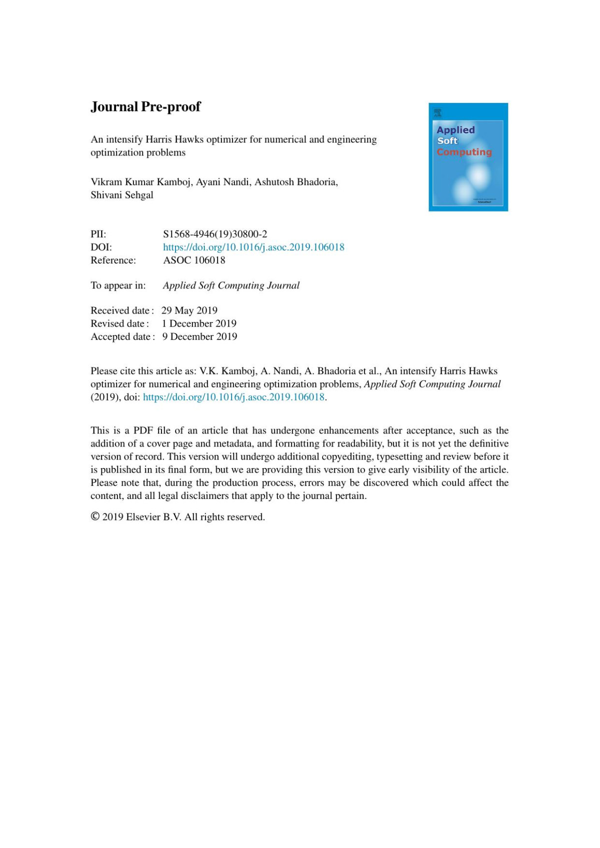 An Intensify Harris Hawks Optimizer For Numerical And Engineering Optimization Problems Vikram Kumar Kamboj Ayani Nandi Ashutosh Bhadoria Shivani Sehgal