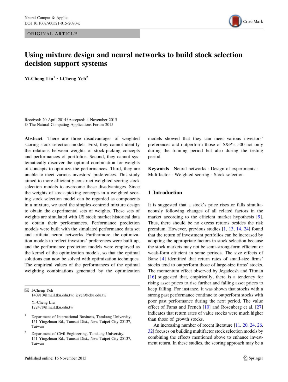 Using Mixture Design And Neural Networks To Build Stock Selection Decision Support Systems Yicheng Liu Icheng Yeh