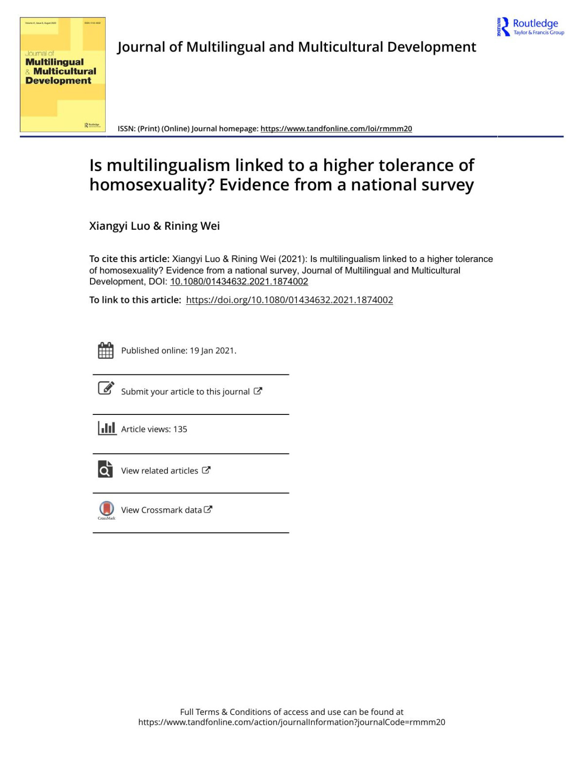 Is Multilingualism Linked To A Higher Tolerance Of Homosexuality Evidence From A National Survey Xiangyi Luo Rining Wei
