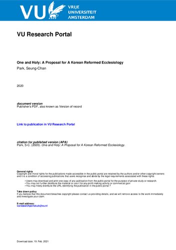 One And Holy A Proposal For A Korean Reformed Ecclesiology Seungchan Park