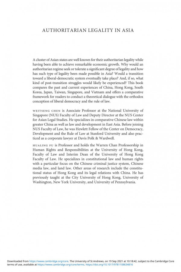 Authoritarian Legality In Asia Formation Development And Transition Weitseng Chen