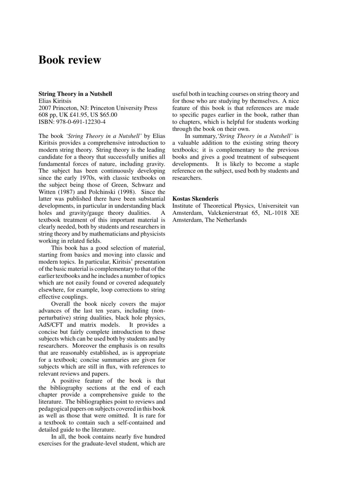 String Theory In A Nutshell Elias Kiritsis