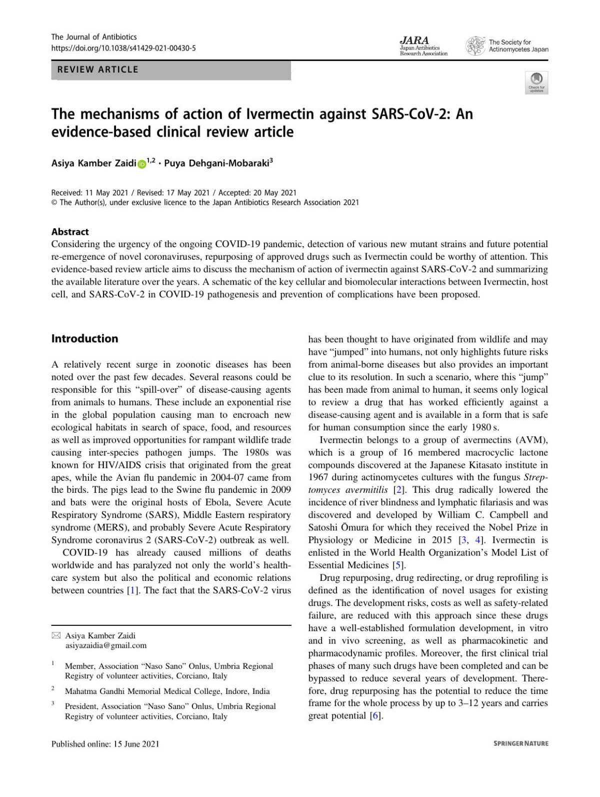 The Mechanisms Of Action Of Ivermectin Against Sarscov2 An Evidencebased Clinical Review Article Asiya Kamber Zaidi Puya Dehganimobaraki