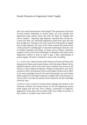 The Female Characters Of Fragmentary Greek Tragedy P J Finglass Lyndsay Coo
