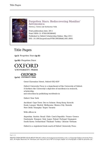 Forgotten Stars Rediscovering Manilius Astronomica Steven J Green