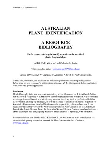 Australian Plant Identification A Resource Bibliography Useful Resources To Help In Identifying Native And Naturalised Plants Fungi And Algae Ro Bob Makinson