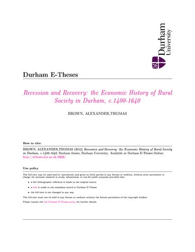 Recession And Recovery The Economic History Of Rural Society In Durham C14001640 Alexander Thomas Brown