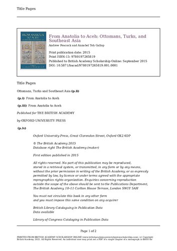 From Anatolia To Aceh Ottomans Turks And Southeast Asia Andrew Cs Peacock Editor
