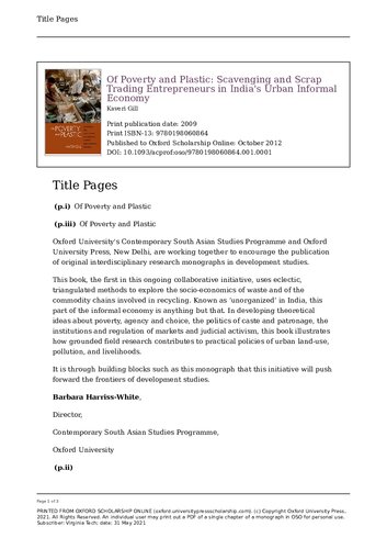 Of Poverty And Plastic Scavenging And Scrap Trading Entrepreneurs In Indias Urban Informal Economy 1st Edition Kaveri Gill