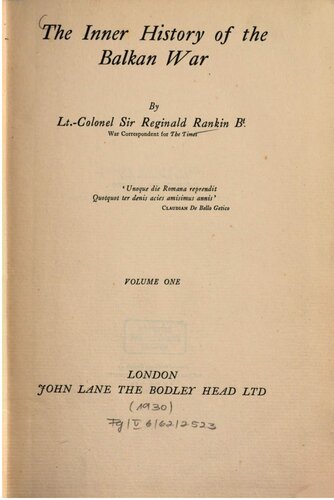 The Inner History Of The Balkan War Vol 1 Reginald Rankin