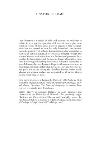 Unspoken Rome Absence In Latin Literature And Its Reception Tom Geue Elena Giusti
