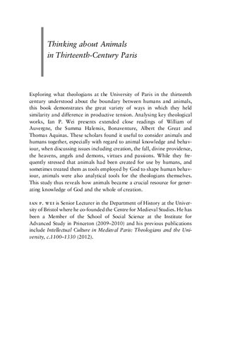 Thinking About Animals In Thirteenthcentury Paris Theologians On The Boundary Between Humans And Animals Ian P Wei