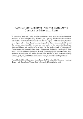 Aquinas Bonaventure And The Scholastic Culture Of Medieval Paris Preaching Prologues And Biblical Commentary Randall B Smith