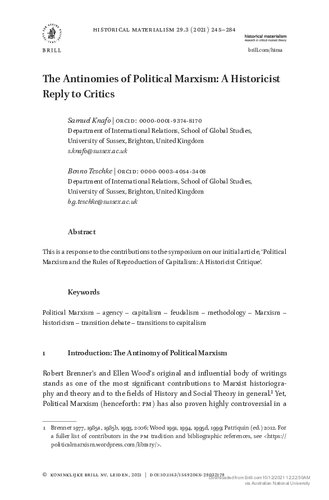 The Antinomies Of Political Marxism A Historicist Reply To Critics Knafo