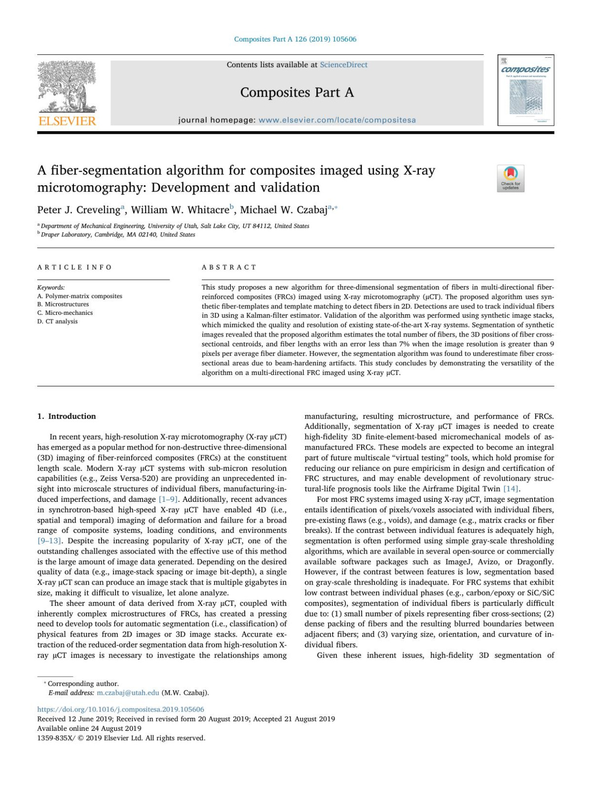A Fibersegmentation Algorithm For Composites Imaged Using Xray Microtomography Development And Validation Peter J Creveling William W Whitacre Michael W Czabaj