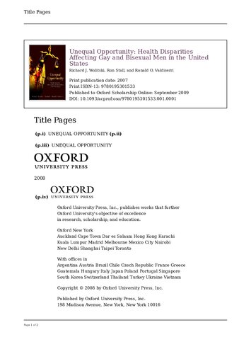 Unequal Opportunity Health Disparities Affecting Gay And Bisexual Men In The United States 1st Edition Richard J Wolitski Editor