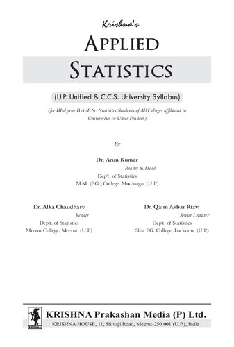 Tb Applied Statistics 32 Pages236 Code698 Edition5th Concepts Theoremsderivations Solved Numericals Practice Exercises Text Book Arun Kumar