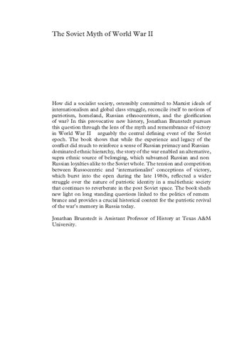 The Soviet Myth Of World War Ii Patriotic Memory And The Russian Question In The Ussr Jonathan Brunstedt