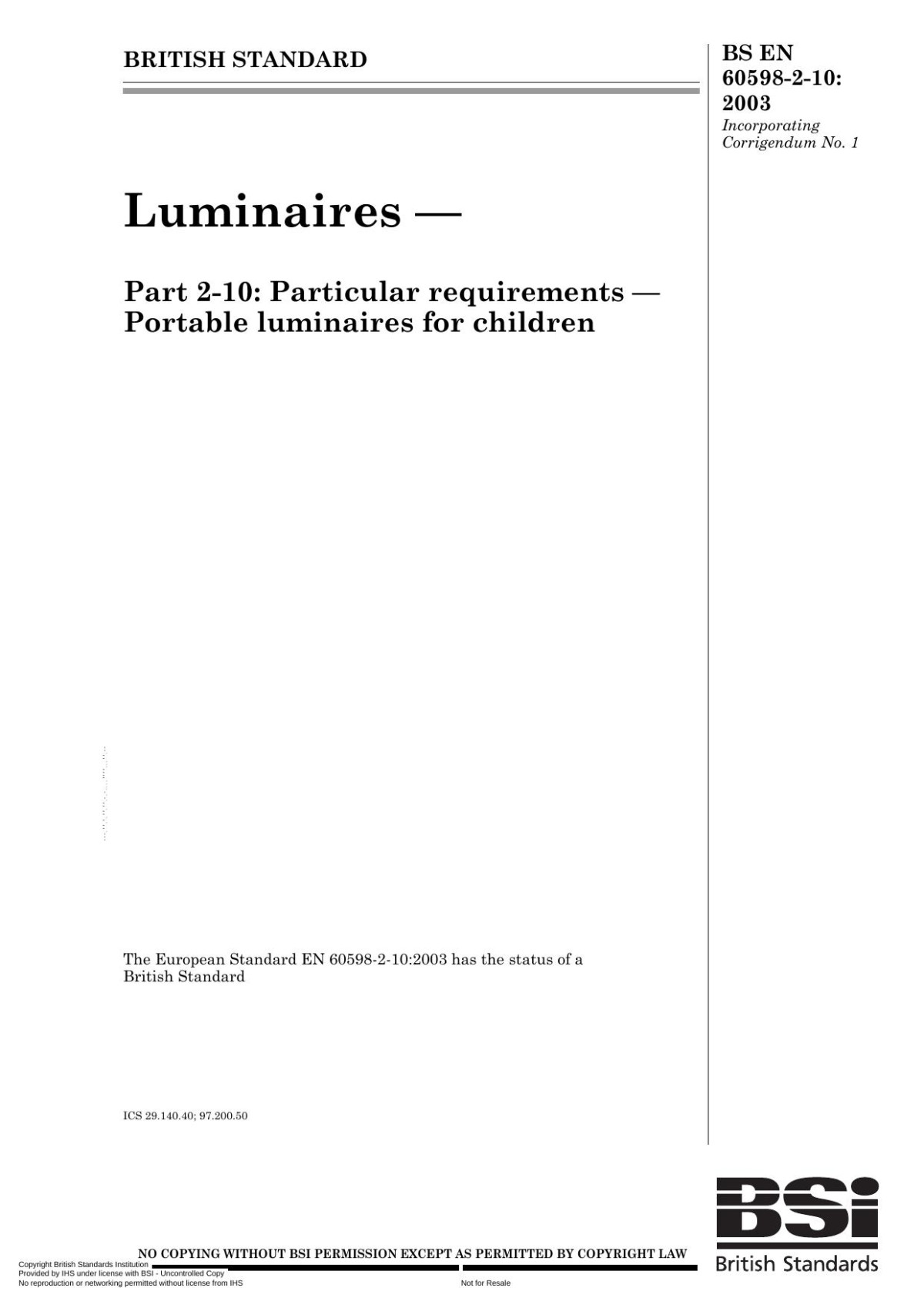 Bs En 605982102003 Liminaires Particular Requirements Portable Luminaires For Children The British Standards Institution