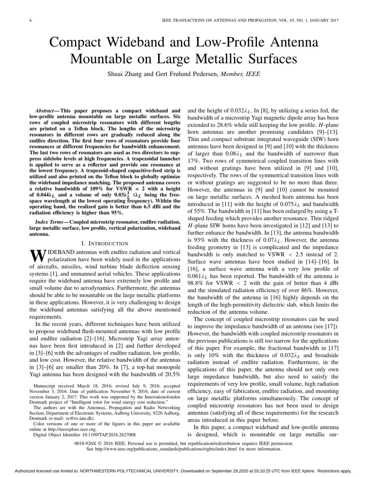 Compact Wideband And Lowprofile Antenna Mountable On Large Metallic Surfaces Shuai Zhang Gert Frolund Pedersen