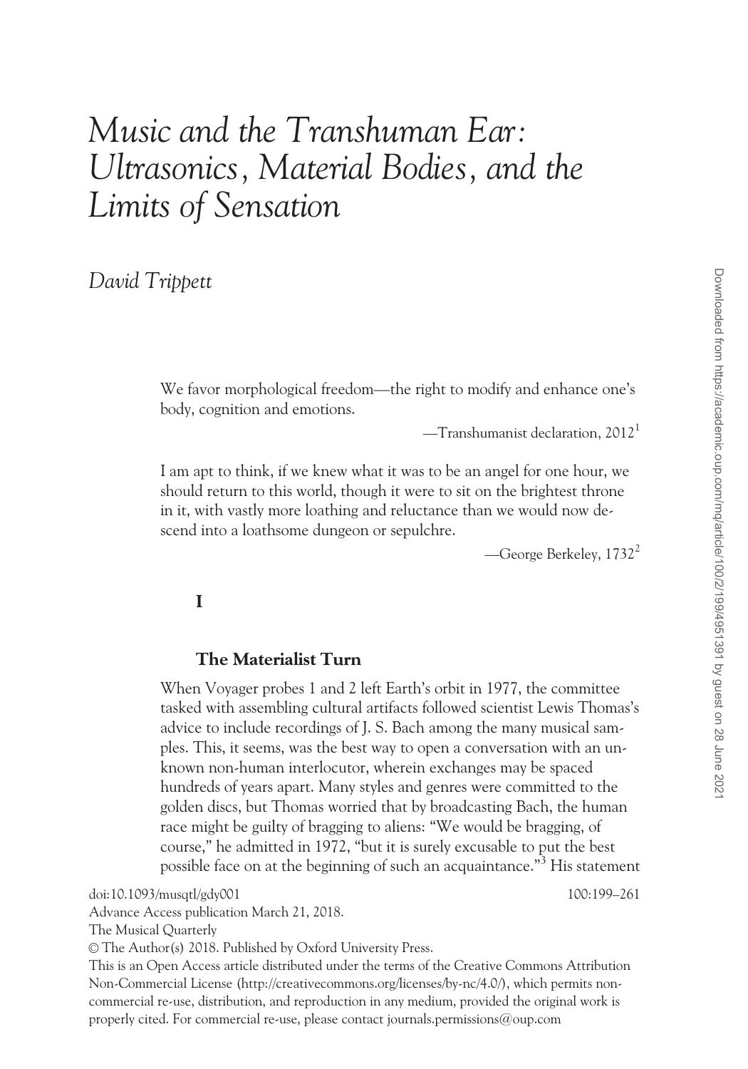 Music And The Transhuman Ear Ultrasonics Material Bodies And The Limits Of Sensation The Musical Quarterly 1st Edition David Trippett