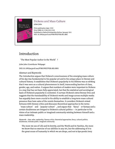 Dickens And Mass Culture 2010th Edition Juliet John