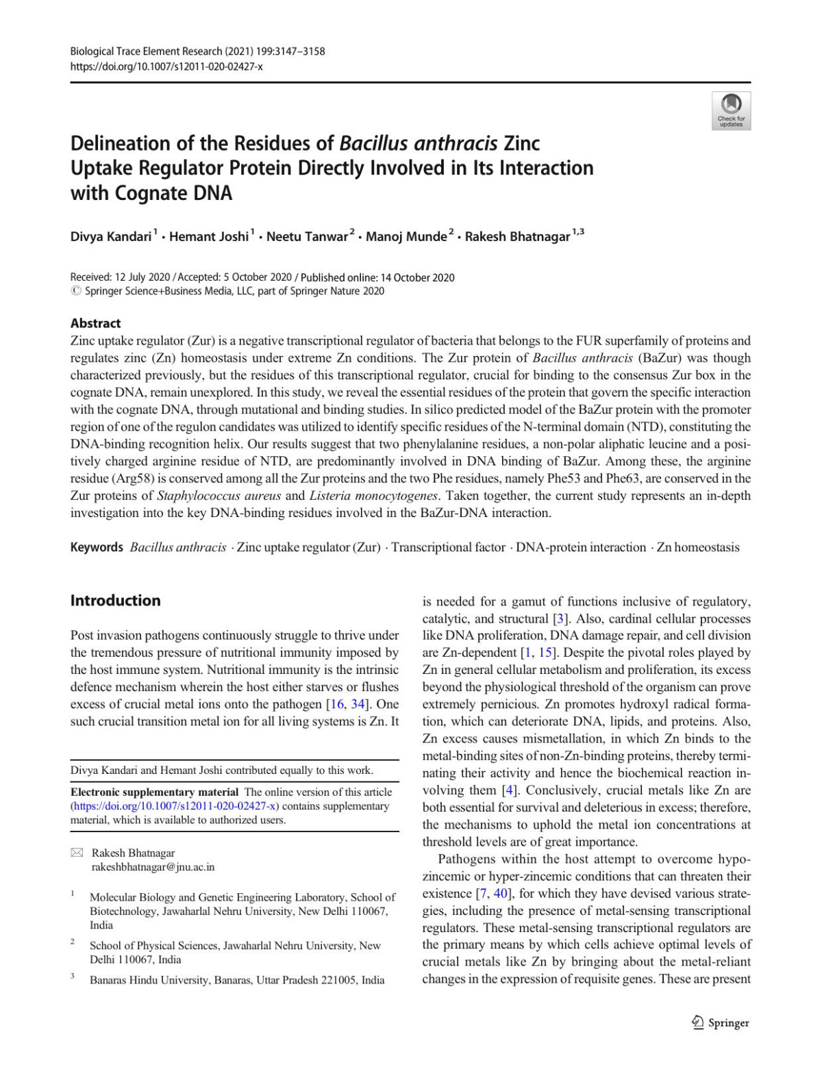 Delineation Of The Residues Of Bacillus Anthracis Zinc Uptake Regulator Protein Directly Involved In Its Interaction With Cognate Dna Divya Kandari Hemant Joshi Neetu Tanwar Manoj Munde Rakesh Bhatnagar