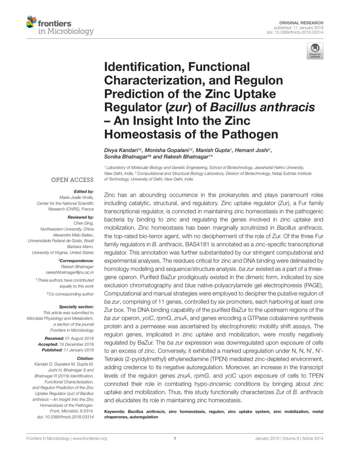 Identification Functional Characterization And Regulon Prediction Of The Zinc Uptake Regulator Zur Of Bacillus Anthracis An Insight Into The Zinc Homeostasis Of The Pathogen Divya Kandari