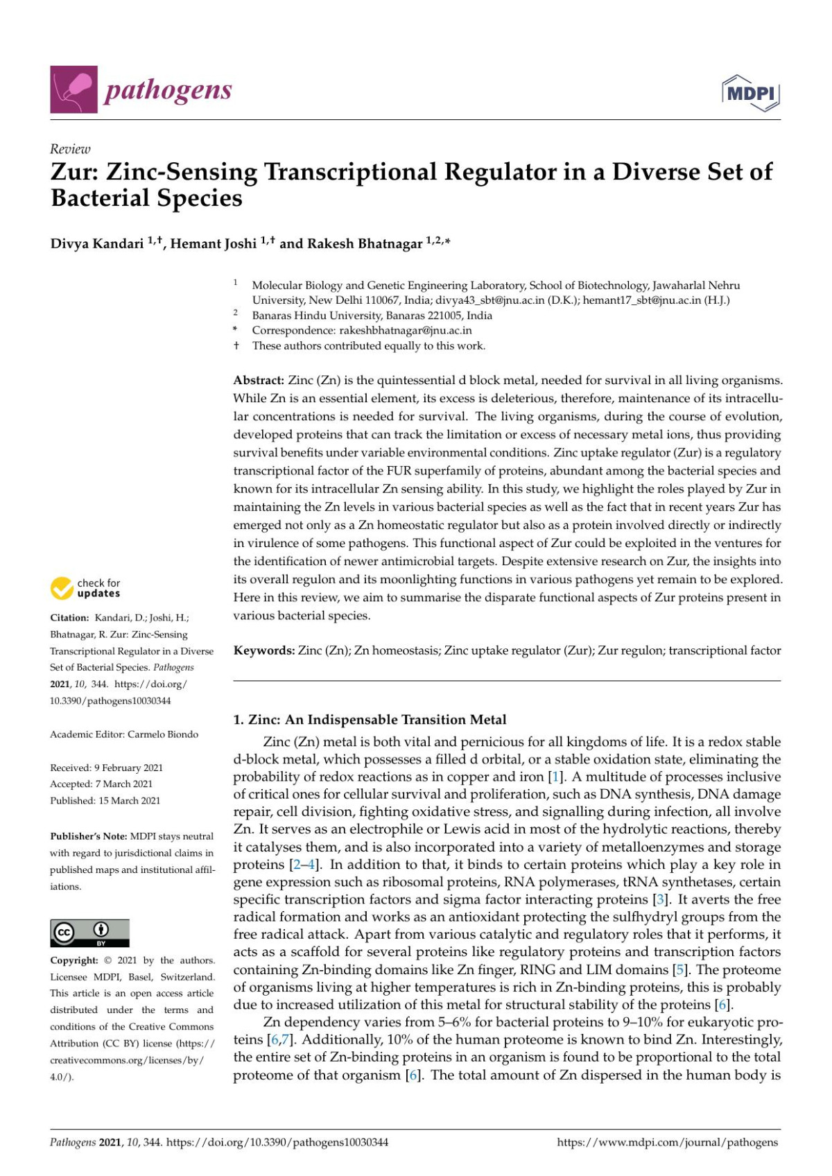 Zur Zincsensing Transcriptional Regulator In A Diverse Set Of Bacterial Species Divya Kandari