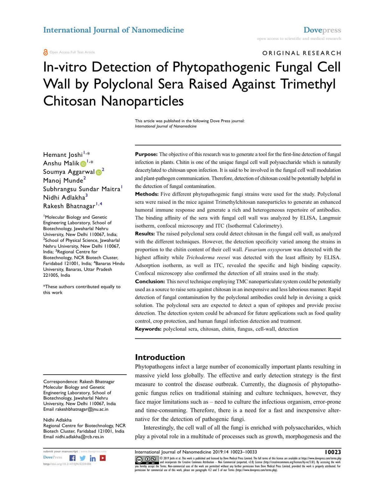 Invitro Detection Of Phytopathogenic Fungal Cell Wall By Polyclonal Sera Raised Against Trimethyl Chitosan Nanoparticles Hemant Joshi