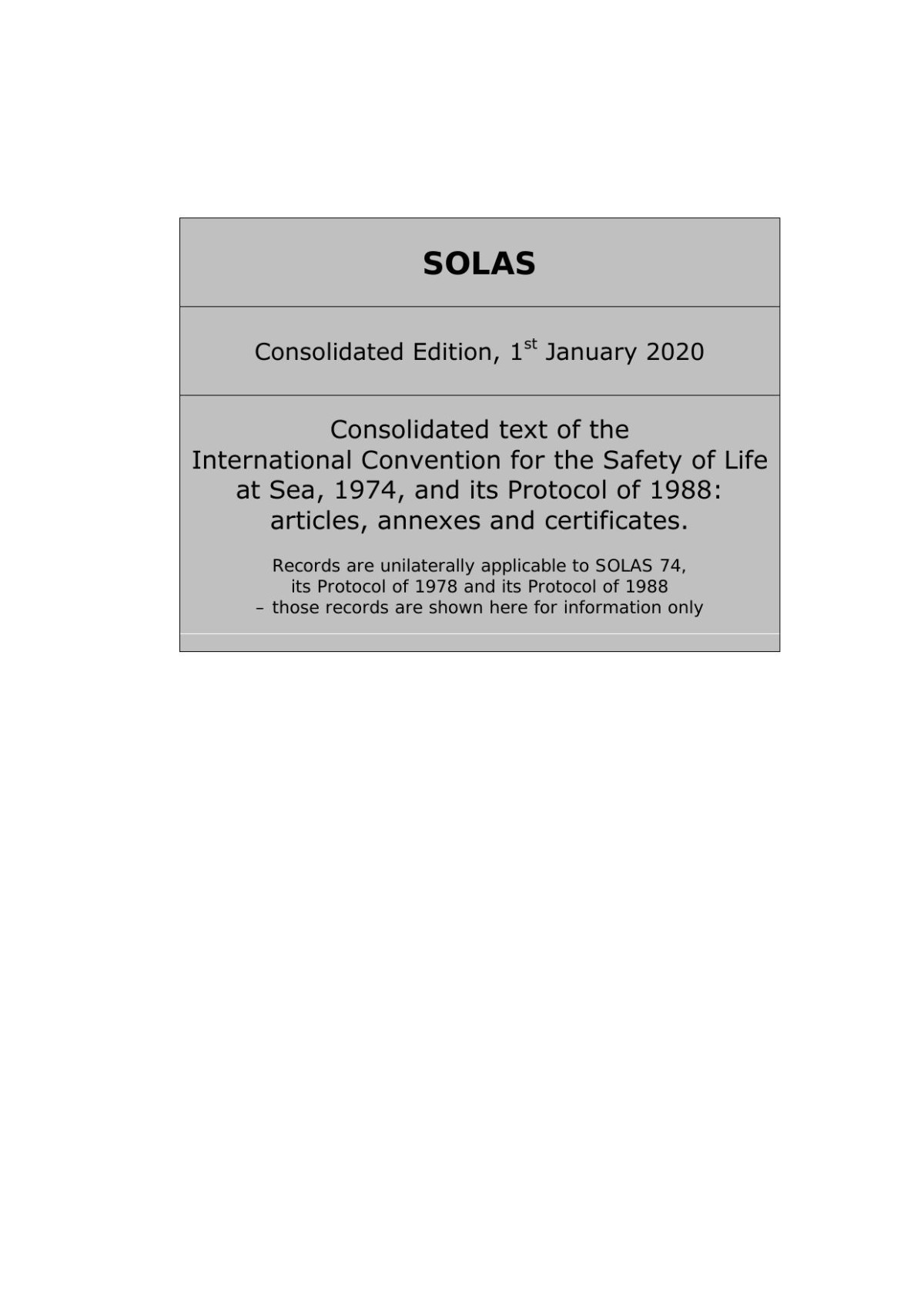 Solas Consolidated Edition 1st January 2020 International Maritime Organization Imo