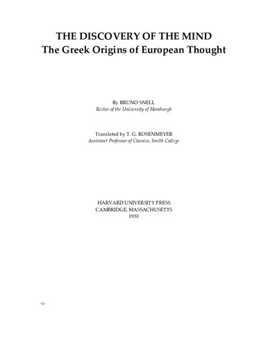 The Discovery Of The Mind The Greek Origins Of European Thought Bruno Snell
