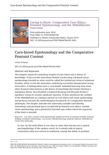 Caring To Know Comparative Care Ethics Feminist Epistemology And The Mahabharata 1st Edition Vrinda Dalmiya